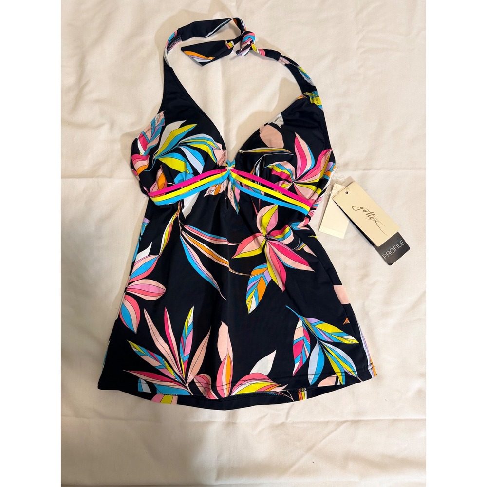Profile by Gottex Black Floral Halter Tankini Top Swimwear E2701B88 Size 10